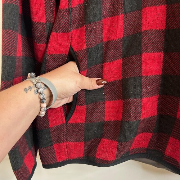 LL Bean Sweater Pullover Womens XL Red Black Buffalo Plaid Snap Neck Fleece - Picture 5 of 10